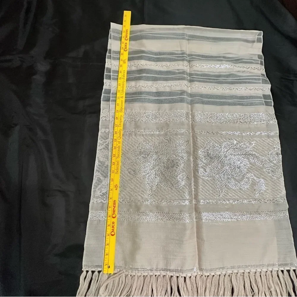 Stylish Vintage Silk Beige and Silver Floral Wrap Shawl Scarf Stole 66”x46”